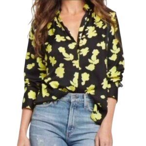 David Lerner Rocker Floral Blouse Womens Small Snap Long Sleeve Black Yellow NEW